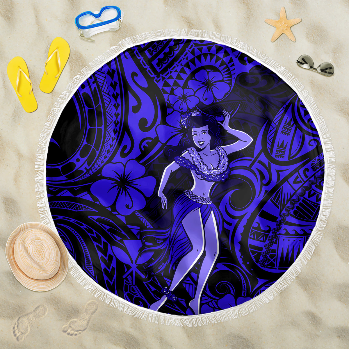 Round navy beach blanket with blue hula girl and Polynesian swirl floral pattern