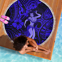 Round navy hula beach blanket with fringe edge, blue floral and tribal pattern