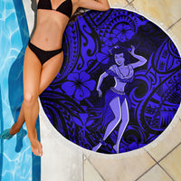 Round navy beach blanket with hula girl artwork, blue floral tribal design and fringe