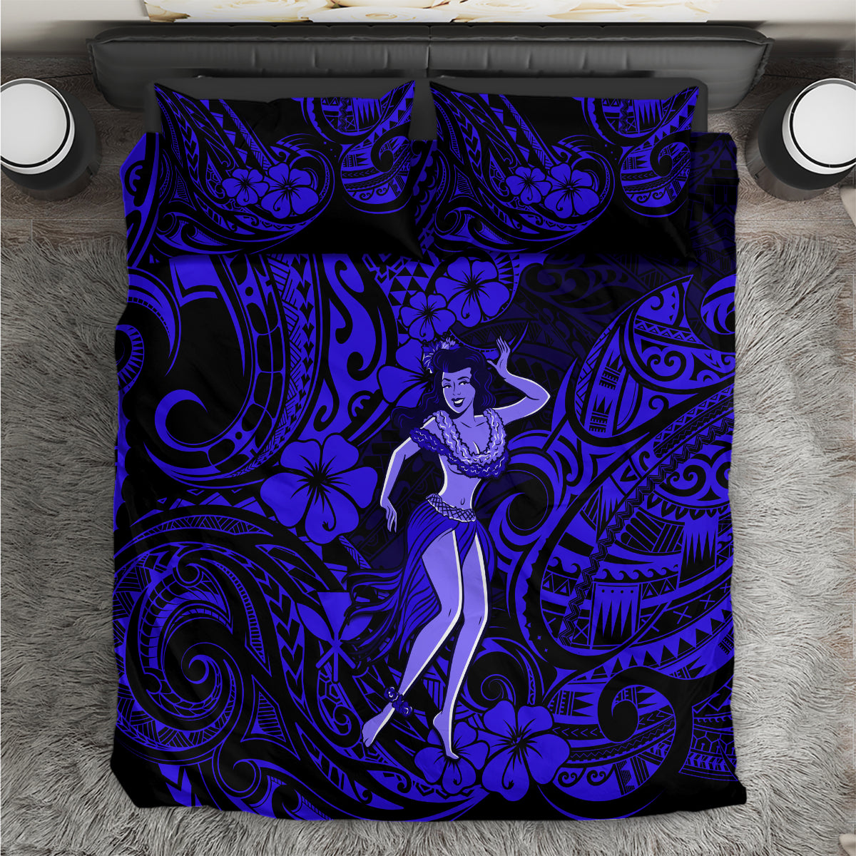 Navy blue hula girl comforter with Polynesian swirl and floral pattern