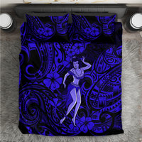 Navy blue hula girl comforter with Polynesian swirl and floral pattern