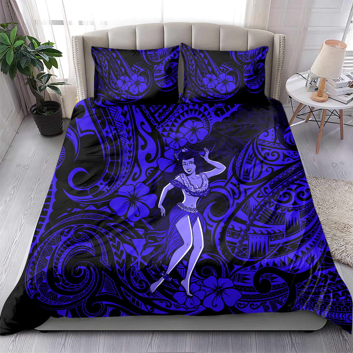 Navy blue hula girl bedding set on bed with matching pillowcases, swirl and flower motif
