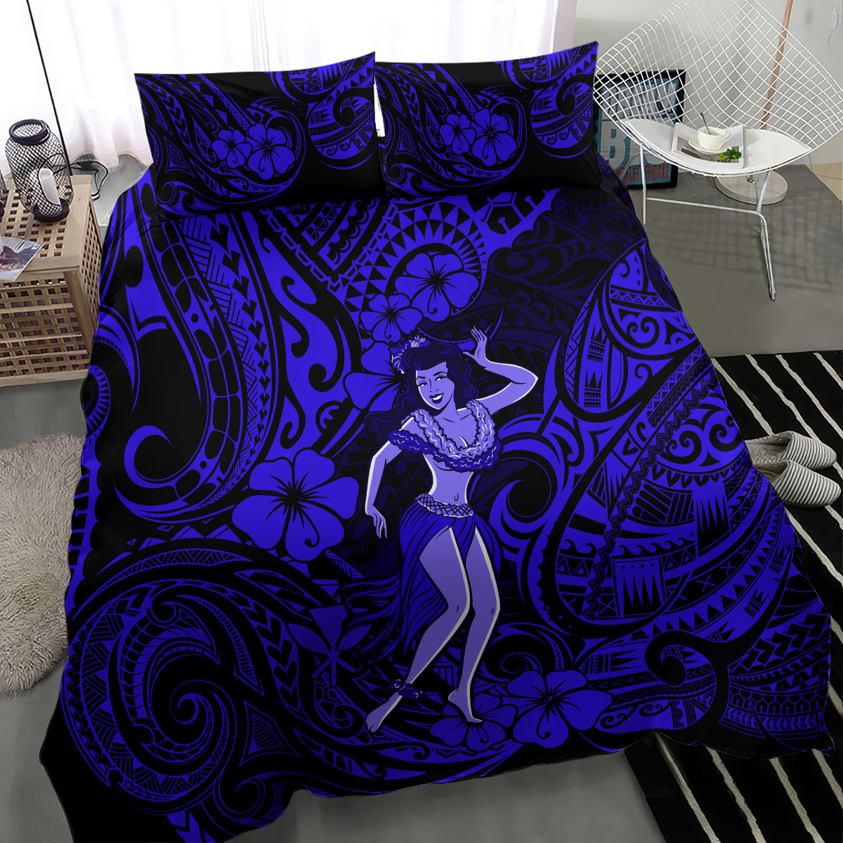 Navy blue hula girl comforter with bold Polynesian patterns and floral accents