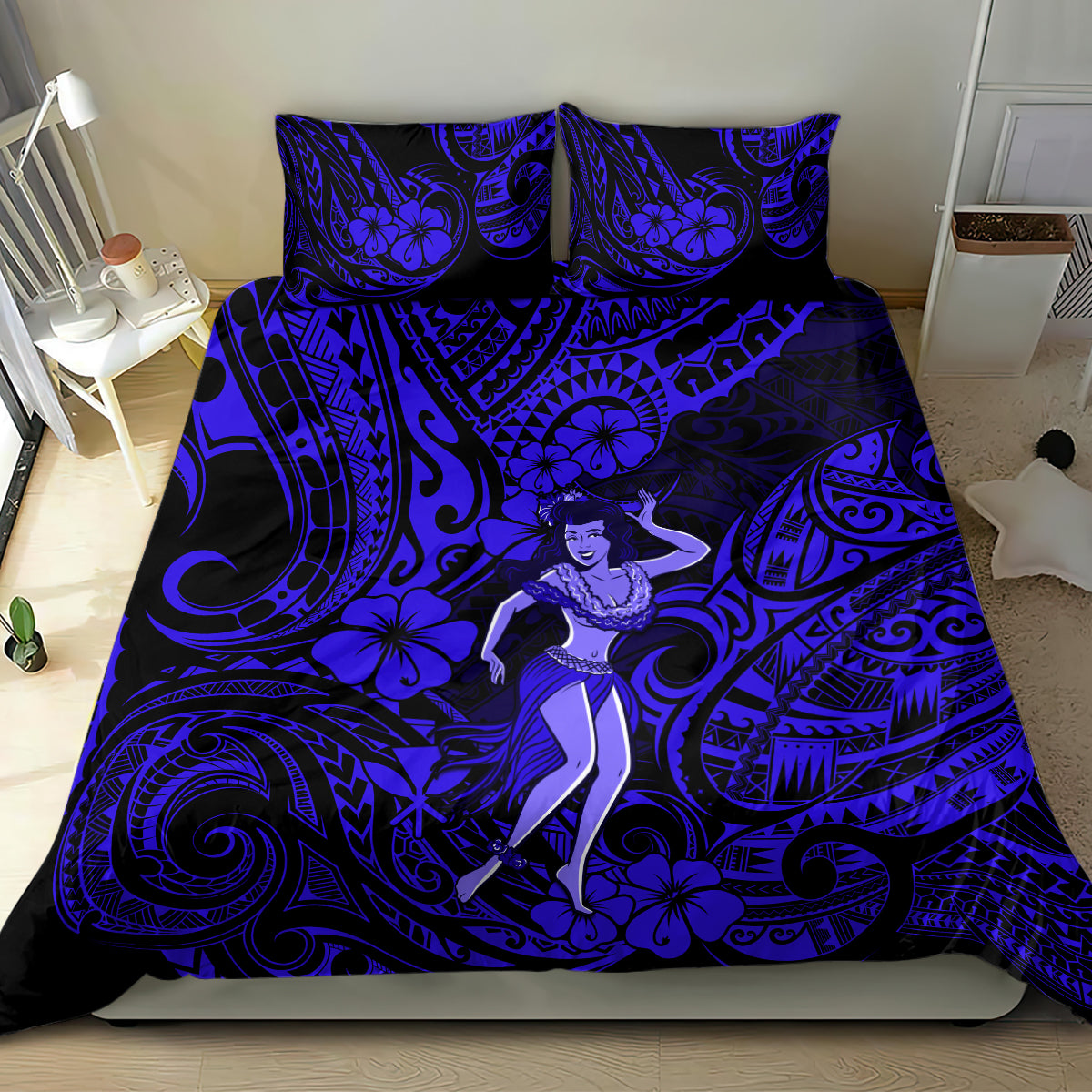Navy blue hula girl bedding set on bed with ornate swirl, tiki shapes, and flowers