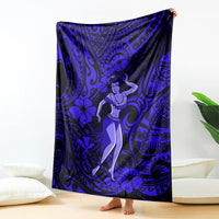 Navy blue Polynesian hula girl blanket with floral pattern and dancer illustration