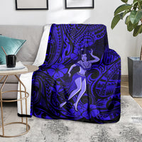 Navy blue Polynesian hula girl blanket spread on a living room rug