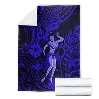 Navy blue Polynesian hula girl blanket folded with white towels on a white background