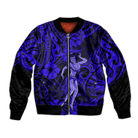 Unisex bomber jacket with navy-blue Polynesian pattern, front zipper and black sleeves