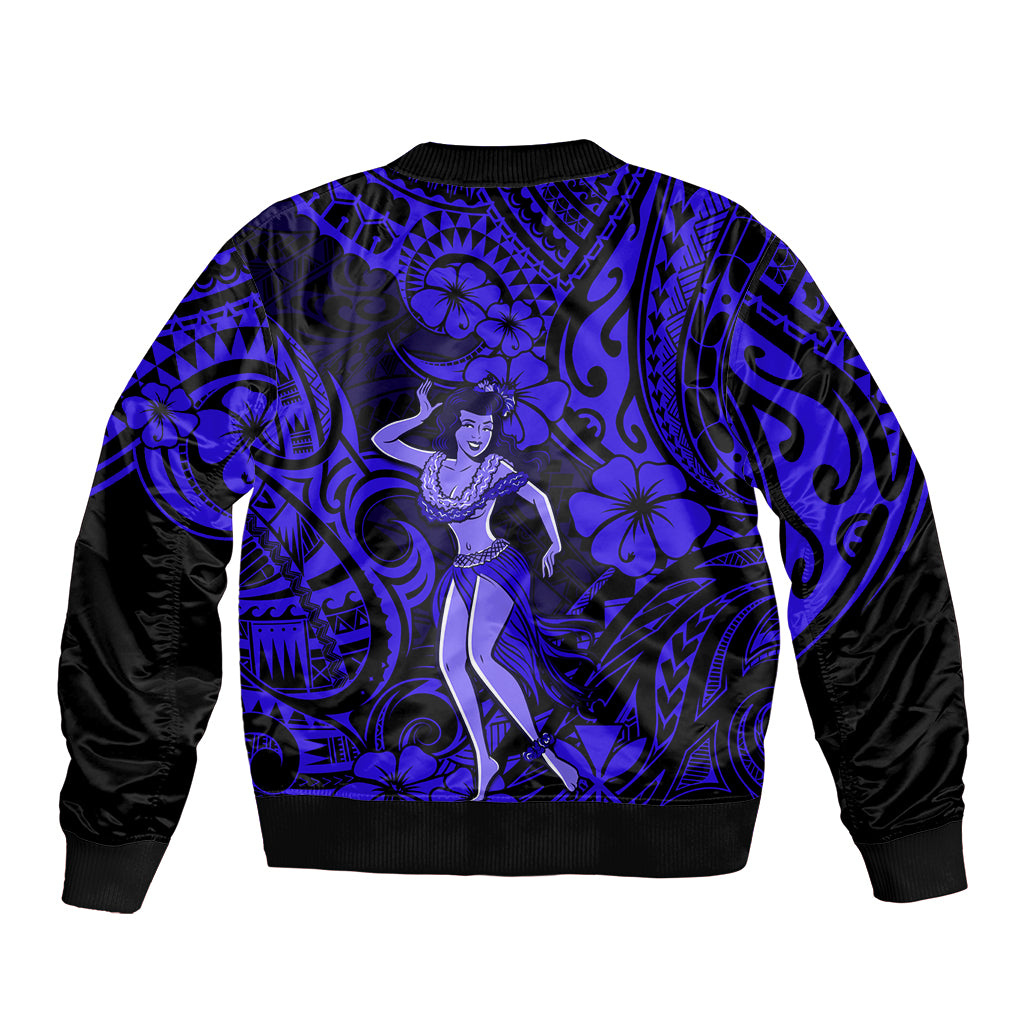 Unisex bomber jacket with blue Polynesian hula girl print, dark ribbed cuffs