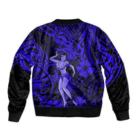 Unisex bomber jacket with blue Polynesian hula girl print, dark ribbed cuffs
