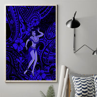 Framed vertical navy hula girl canvas wall art with Polynesian swirl and flowers