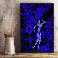 Framed navy blue hula girl canvas wall art with Polynesian patterns on a vertical panel