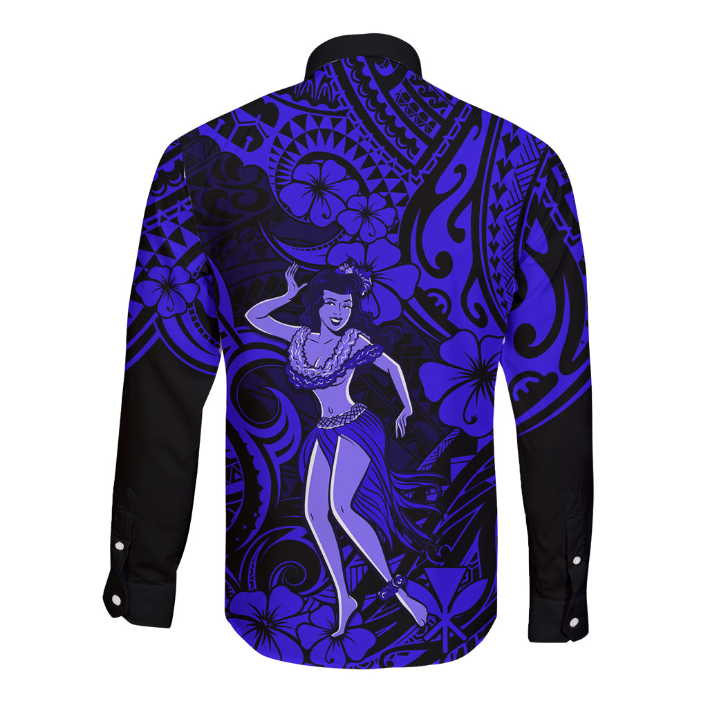 Navy long-sleeve button shirt with blue hula girl center print and tribal swirl accents