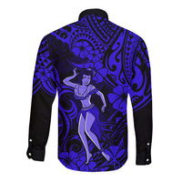 Navy long-sleeve button shirt with blue hula girl center print and tribal swirl accents