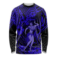 Unisex long sleeve shirt with navy blue Polynesian hula girl front graphic