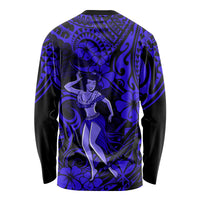 Unisex long sleeve shirt with navy blue Polynesian hula girl back graphic