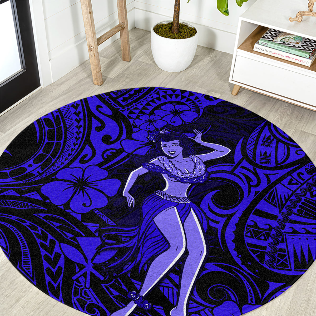 Navy blue round Polynesian hula girl area rug with swirling tribal patterns