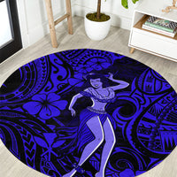 Navy blue round Polynesian hula girl area rug with swirling tribal patterns