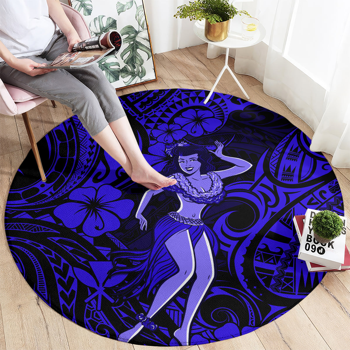 Navy blue circular hula girl rug with tropical flower and tribal wave patterns
