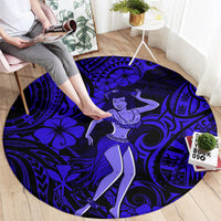Navy blue circular hula girl rug with tropical flower and tribal wave patterns