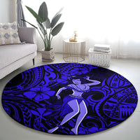 Navy blue round hula girl carpet with blue tribal motifs and swirling designs