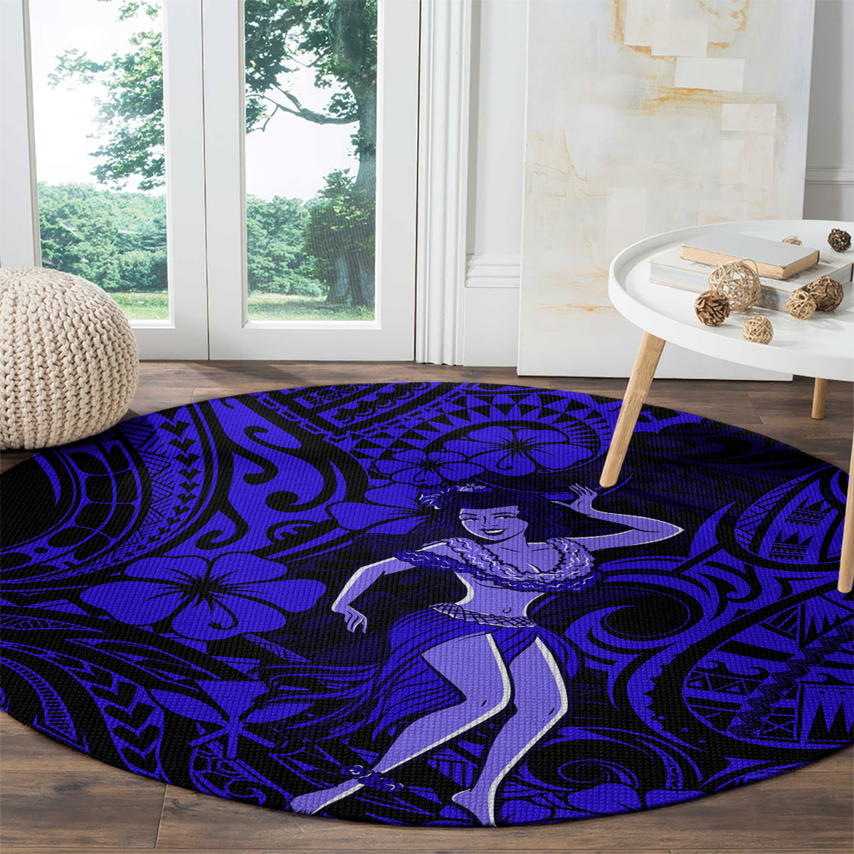 Navy blue circular hula girl rug with swirling geometric Polynesian patterns