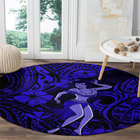 Navy blue circular hula girl rug with swirling geometric Polynesian patterns