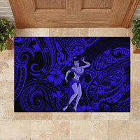 Navy rubber doormat with framed hula dancer in blue Polynesian tribal pattern