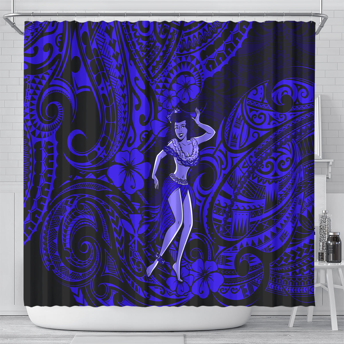 Navy blue hula girl shower curtain, front view, Polynesian swirl and hibiscus pattern