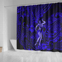 Navy blue hula girl shower curtain with Polynesian motifs and swirl designs, wide scene
