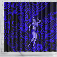 Navy blue hula girl shower curtain, centered figure with floral and tribal swirls