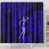 Navy blue hula girl shower curtain with Polynesian waves, spirals, and hibiscus flowers