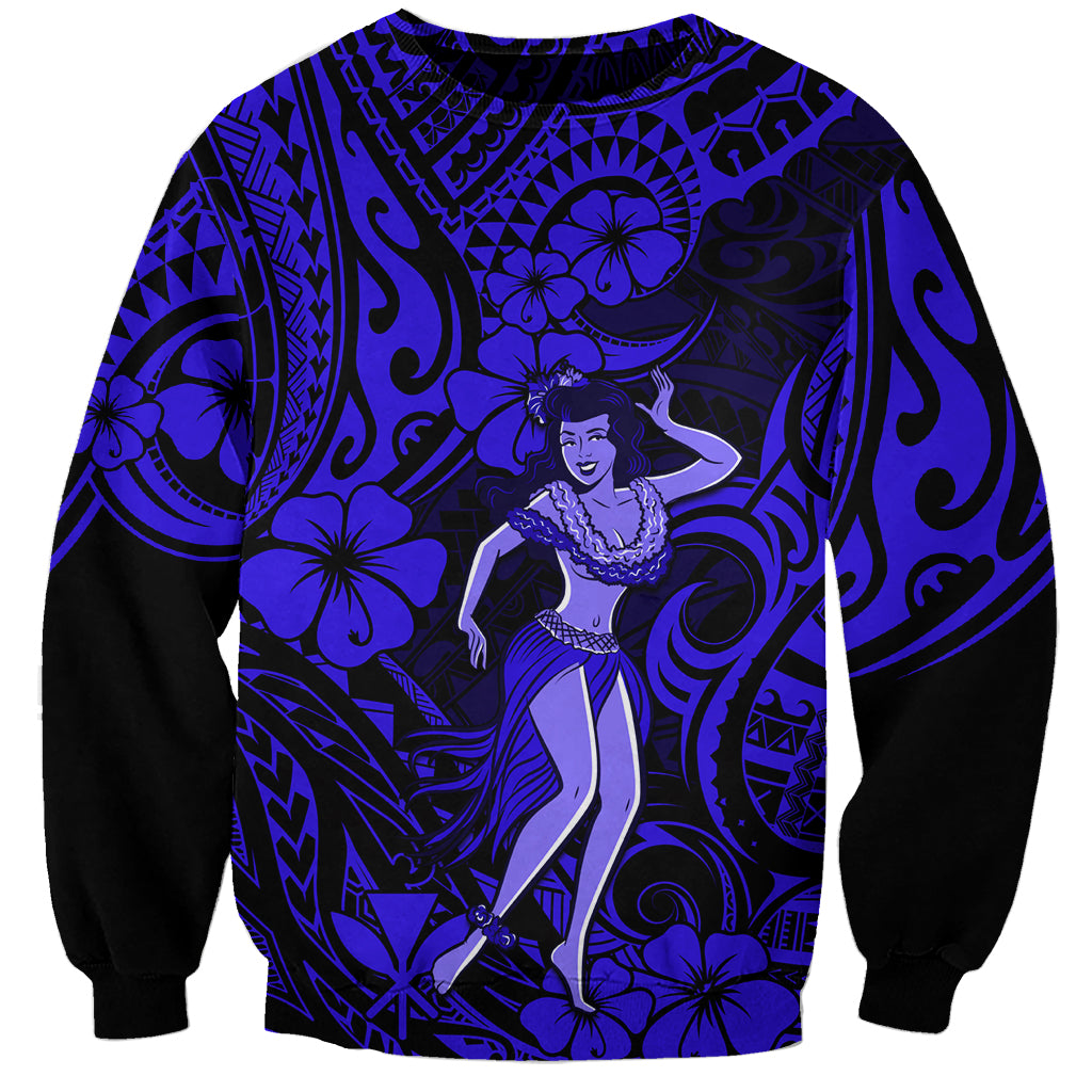 Unisex navy sweatshirt with blue hula girl and tropical pattern front