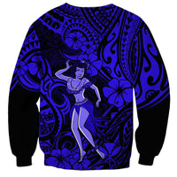 Unisex navy sweatshirt with large blue hula girl tropical swirl pattern