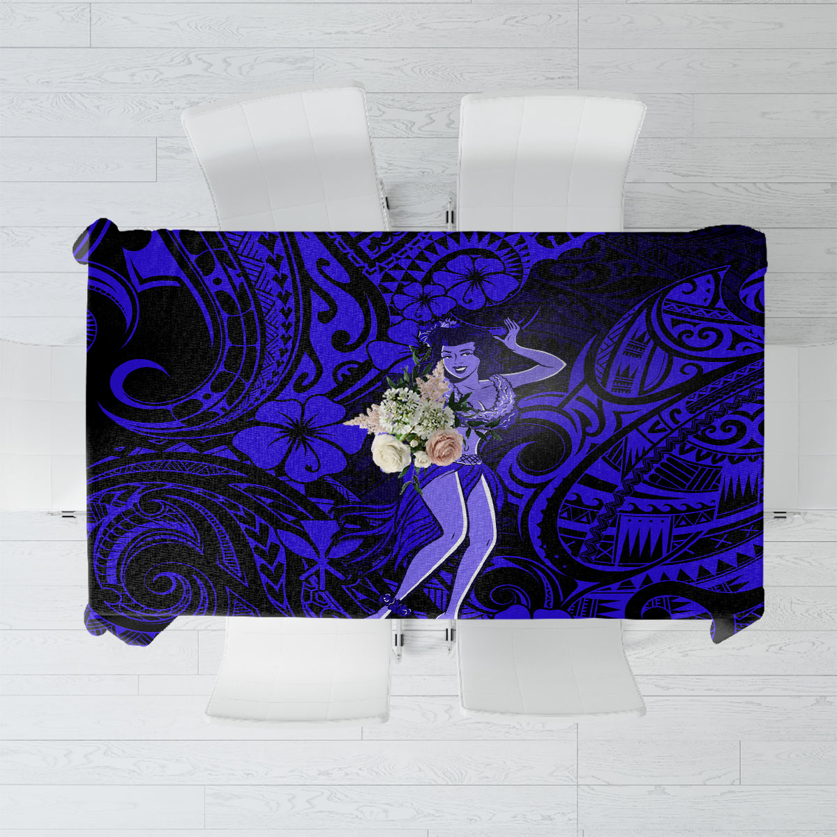Navy blue tablecloth with hula girl and Polynesian tribal swirl pattern