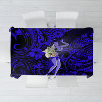 Navy blue tablecloth with hula girl and Polynesian tribal swirl pattern