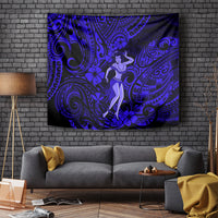 Navy blue Polynesian tapestry with hula girl silhouette and swirling tribal pattern