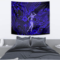 Rectangular navy blue wall tapestry with hula dancer and floral tribal swirls
