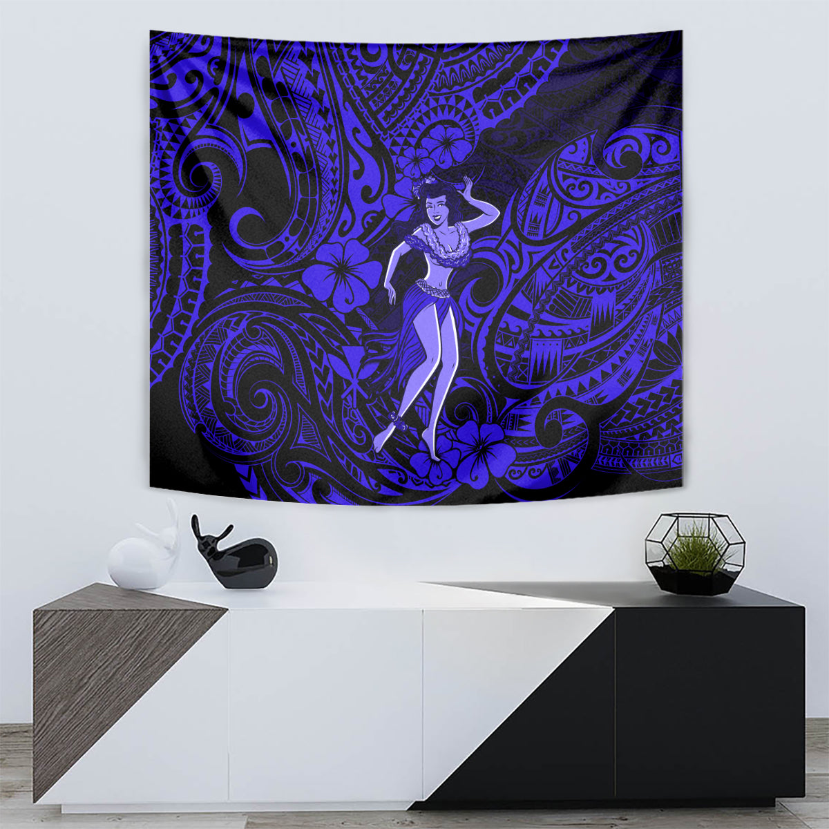 Navy blue hula girl tapestry with dark tribal scrollwork and flower motifs