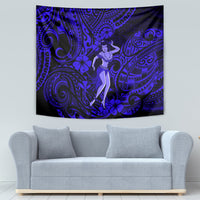 Navy blue Polynesian wall tapestry featuring a hula dancer in center