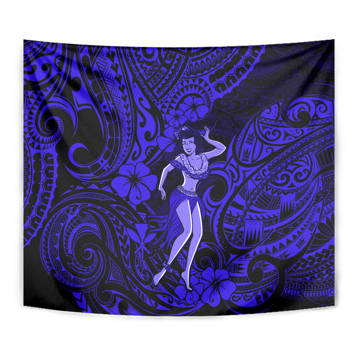 Close-up navy blue tapestry showing hula dancer surrounded by tribal swirl designs