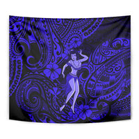 Close-up navy blue tapestry showing hula dancer surrounded by tribal swirl designs