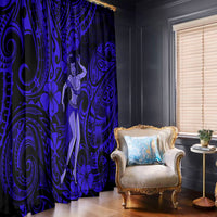 Navy blue Polynesian window curtain panels with hula girl and swirl floral pattern