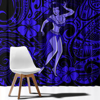 Navy blue Polynesian curtain panel with hula girl figure and ornate swirl pattern