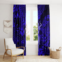 Navy blue Polynesian window curtain panels with hula girl, flowers, and spiral motifs