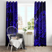 Navy blue Polynesian curtain panels with hula girl portrait and decorative swirl pattern
