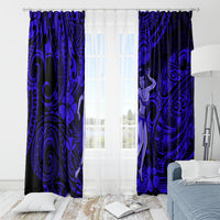 Navy blue Polynesian window curtain panels with hula girl and flowing swirl motif