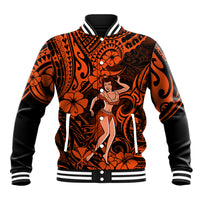 Unisex baseball jacket in orange with black hula girl print and tribal floral pattern
