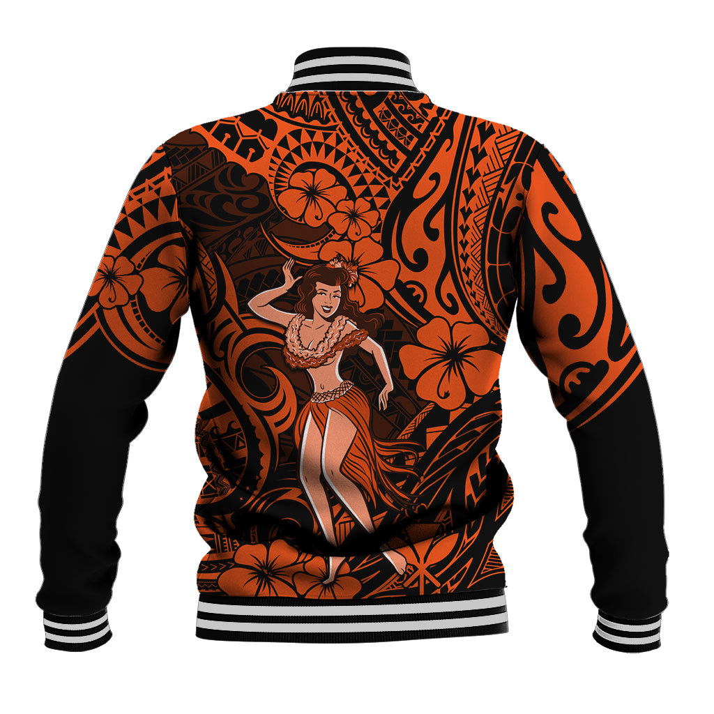 Unisex baseball jacket orange with black tribal floral pattern and hula girl back print
