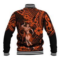 Unisex baseball jacket orange with black tribal floral pattern and hula girl back print